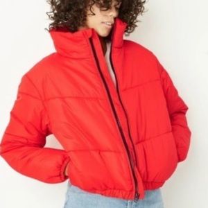 Red puffer jacket